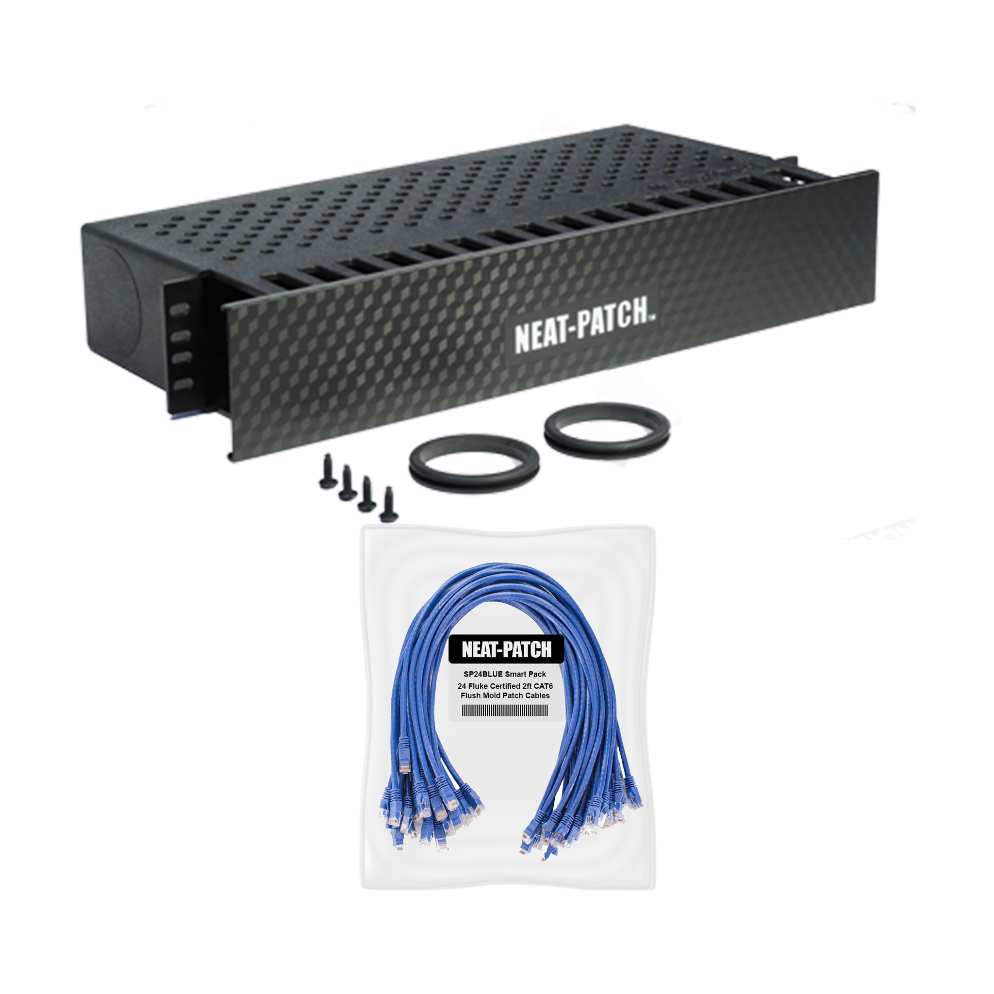 NP2K624 Neat-Patch kit with 24 Fluke Certified 2-foot patch cables and NP2 cable manager for network racks.